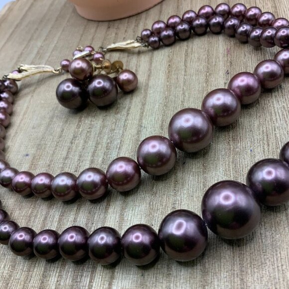 Japan Vintage Ombre Faux Pearl Beaded Gold Tone Necklace Earrings Set - Picture 1 of 6